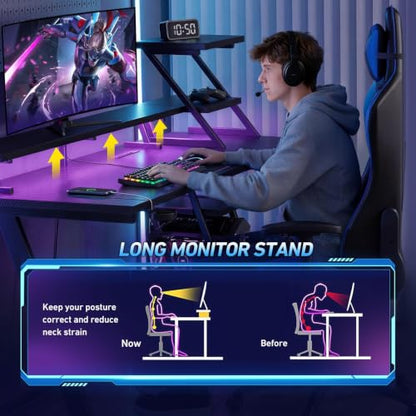 Korfile 47 Inch Gaming Desk with LED Lights & Power Outlet, L Shaped Computer Desk with Storage Shelves, Gamer Workstations with Monitor Stand for Bedroom, Carbon Fiber Black | L Shaped Computer Desk, Gamer Workstations, Storage Shelves, Monitor Stand, fo