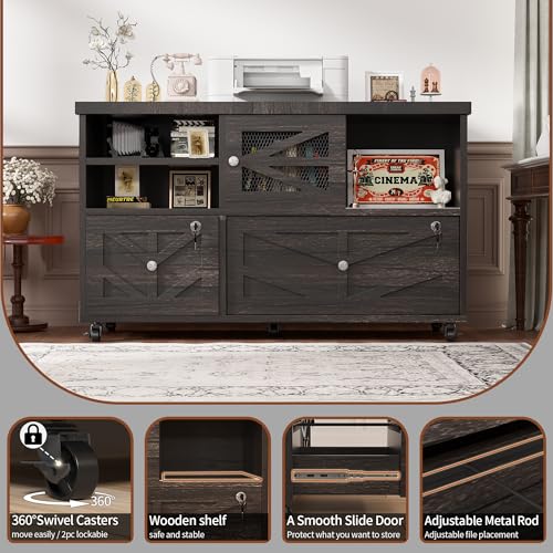 Gray Lateral File Cabinet with Lock, 2 Drawer Rolling Filing Cabinet for Home Office, Mobile Storage Cabinet with Open Shelves & Sliding Door, Fits Legal/Letter/A4 Files, Herringbone Design - color: Gray Herringbone-2 Drawers