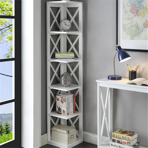 Convenience Concepts Oxford Corner Bookcase 12" - 5-Tier Slim Farmhouse Bookcase for Modern Living & Family Room, Media Storage Organizer for Home Office Library, Tall Shelving Unit, White - color: White