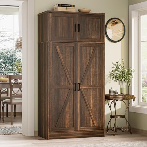 Unikito 71” Tall Kitchen Pantry Storage Cabinet with Adjustable Shelves | Large Farmhouse Storage Cupboard, Barn Doors, Sturdy and Deep, Versatile for Dinning Room, Living Room, Weathered Brown - color: Weathered Brown, size: 31.5 Inch
