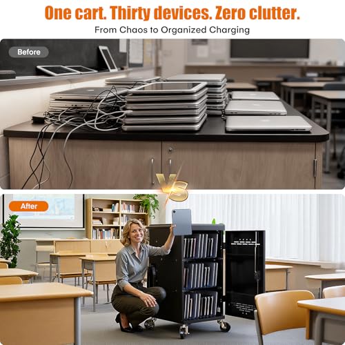 Meteteel 30 Device Charging Cart for Chromebook iPad Laptop K-12 | Fits 14-in devices, lockable storage, 30-outlet power strip, circuit breaker, cable management, casters, K-12 schools offices - size: 30 Tablet/Chromebook