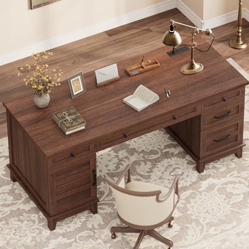 GarveeHome Executive Desk with File Drawers, Farmhouse Home Office Desk with Charging Station, 60 in Wooden Computer Desk with Cabinet Storage for Work Study Writing, Walunt Brown - color: Walunt Brown