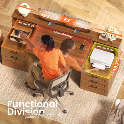SEDETA 63" Farmhouse Computer Desk with 5 Drawers, Brown | Executive Office Desk with LED Lights & Monitor Stand, Wood Home Office Desk with 2 Printer Stand & Power Outlet - color: Brown, size: Executive Office Desk(63")