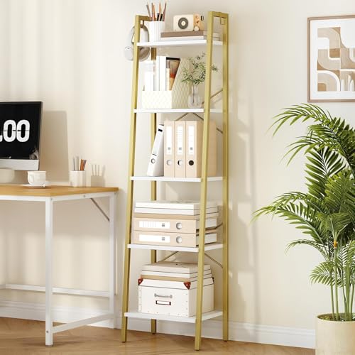 Hzuaneri Ladder Shelf, Bookshelf, Freestanding Corner Storage Shelf | Bookcase with 2 Hooks for Office, Living Room, Kitchen, Bedroom, Industrial, 11.8"D x 17.3"W x 63"H, White Gold BC19213G - color: White Gold, size: 11.8"D x 17.3"W x 63"H