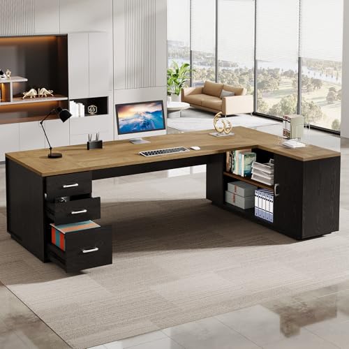 Tribesigns 85.8-Inch L-Shaped Executive Desk, Extra Large Home Office Desk - color: Light Brown & Black