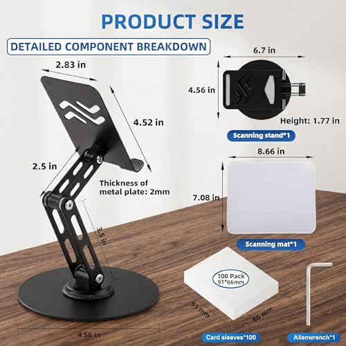 Card Scanner TCG, Foldable Trading Card Scanner Setup & Trading Card Stand - Carbon Steel Phone Mount for Quick Price Check, Includes Pad & 100PC Sleeves, Compatible with MTG