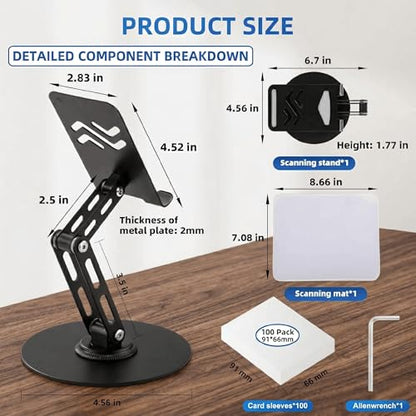 Card Scanner TCG, Foldable Trading Card Scanner Setup & Trading Card Stand - Carbon Steel Phone Mount for Quick Price Check, Includes Pad & 100PC Sleeves, Compatible with MTG