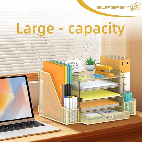 SUPEASY Mesh Desk Organizer with File Holder, 5-Tier Paper Letter Tray Organizer with Magazine Holder, Desktop Organizer and Storage with Drawer for Office Supplies Home or School (Golden) | Two side magazine holders and a bottom drawer store papers, fold