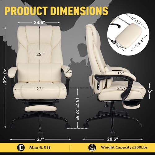 3D Kneading Massage Office Chair with Heat, 500 lbs Big and Tall Executive Computer Desk Recliner, Leather Electric Heated Office Chairs with Massage & Footrest - color: Beige