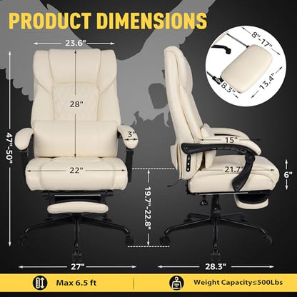 3D Kneading Massage Office Chair with Heat, 500 lbs Big and Tall Executive Computer Desk Recliner, Leather Electric Heated Office Chairs with Massage & Footrest - color: Beige