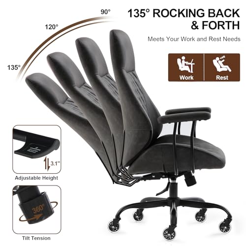 E-Motie Leather Office Chair, Mid Century Modern Desk Chair, Dark Grey - color: Dark Grey