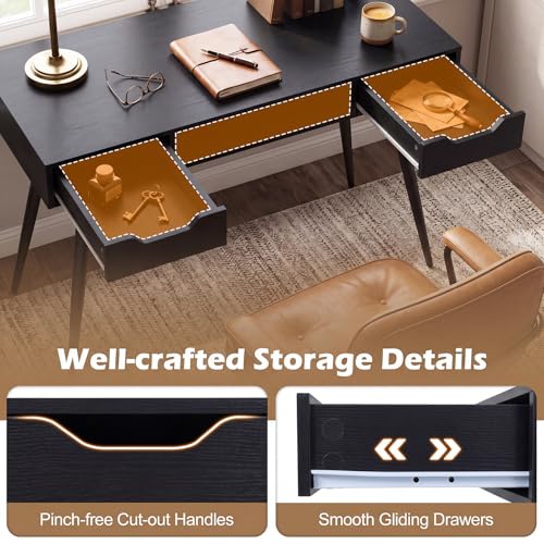 Tangkula Mid Century Modern Computer Desk | Writing Desk with 2 Drawers & Open Center Storage, Small Wooden Study Table for Home Office & Compact Spaces (Black) - color: Black