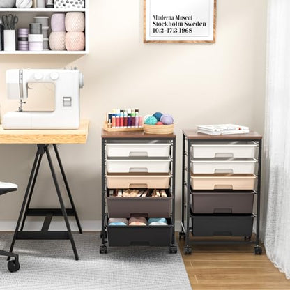SYKIARIOL Rolling Cart with Drawers, 5 Drawers Utility Cart, Dark Brown - color: Dark Brown