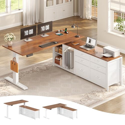 SEDETA L Shaped Electric Standing Desk, 55" x 55" Height Adjustable Office Executive Desk with 6 Fabric Drawers and Storage Shelves, Sit Stand Computer Desk with Power Outlet (White + Brown) - color: White + Brown