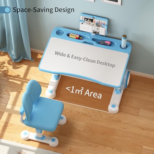 Kids Adjustable Desk and Chair Set 3-12, Children School Study Desk-11BLUE | Height Adjustable | 50° Tilt Desktop | Book Stand & Metal Hook & Storage Drawer | Writing Drawing Table for Boys and Girls - color: 110-blue-27.5in