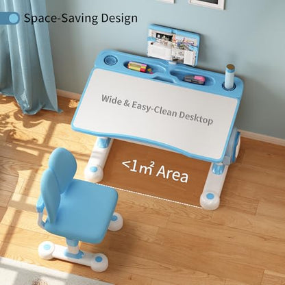 Kids Adjustable Desk and Chair Set 3-12, Children School Study Desk-11BLUE | Height Adjustable | 50° Tilt Desktop | Book Stand & Metal Hook & Storage Drawer | Writing Drawing Table for Boys and Girls - color: 110-blue-27.5in
