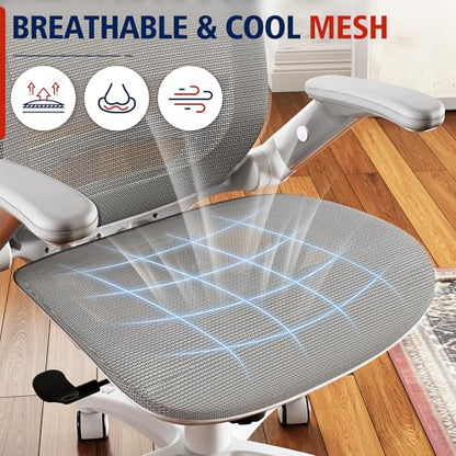 GABRYLLY Ergonomic Office Chair, High Back Home Desk Chair with Headrest, Flip-Up Arms, 90-120° Tilt Lock and Wide Cushion, 300LBS Mesh Chairs for Man Woman, White Task Chair(Dark Grey,GY01WDG) - color: White Frame Dark Grey Mesh