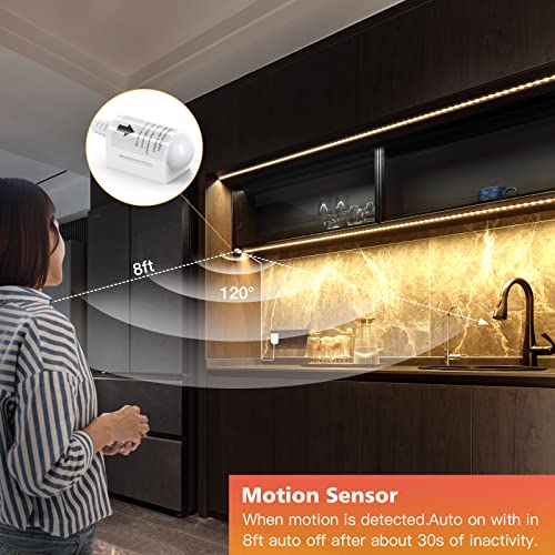 WOBANE 16.4ft Motion Sensor LED Strip with Remote,Warm White Tape Lighting | Dimmable LED Strip Lights for Kitchen, Under Cabinet, Bedroom, Shelf, Bed, PIR Function,Night Light,Adapter,3000K Warm White - color: Warm White, size: 16.4ft Motion Senosr