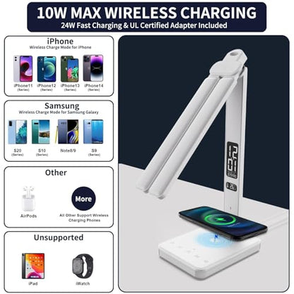 LED Desk Lamp with Charger, USB Charging Port, Dual Swing Arm Desk Light with 5 Brightness, 3 Colors, Table Lamp with Clock, Alarm, Date, Temperature, Desk Lamp for Home Office Study (White) - color: Dual-Head White