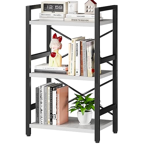 Homeiju Bookshelf, 3 Tier Industrial Bookcase, Metal Small Bookcase, Rustic Etagere Book Shelf Storage Organizer for Living Room, Bedroom, and Home Office(White) Patent Pending D29873033 - color: White, size: 3 Tier