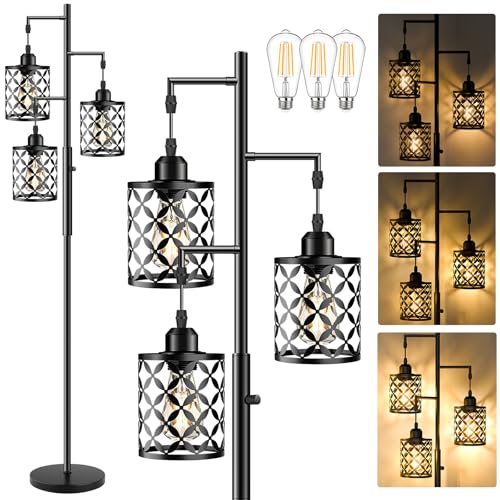 68" Industrial Tree Floor Lamp, Dimmable Farmhouse Tall Standing Lamp with Quatrefoil Cutout Shades & Rotary Dimmer Knob, Corner Light for Living Room Bedroom, 3 x800LM Bulbs Included-Black - color: Black (800LM), size: 68"