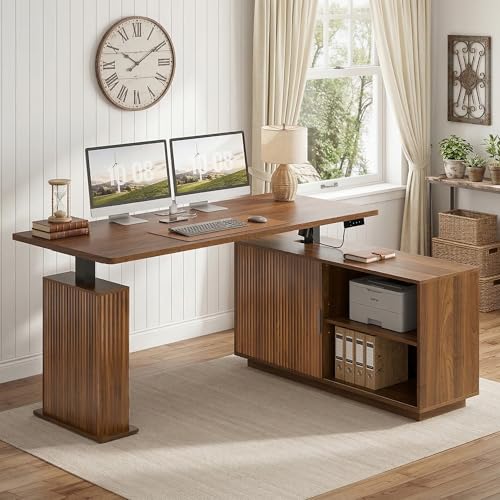 L Shaped Electric Standing Desk, Corner Sit Stand Up Desk, Executive Desk - color: Walnut-l Shaped-02