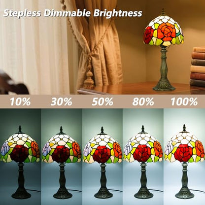 8 Inch Small Tiffany Style Table Lamp with Remote Control, Three Roses - color: Three Roses