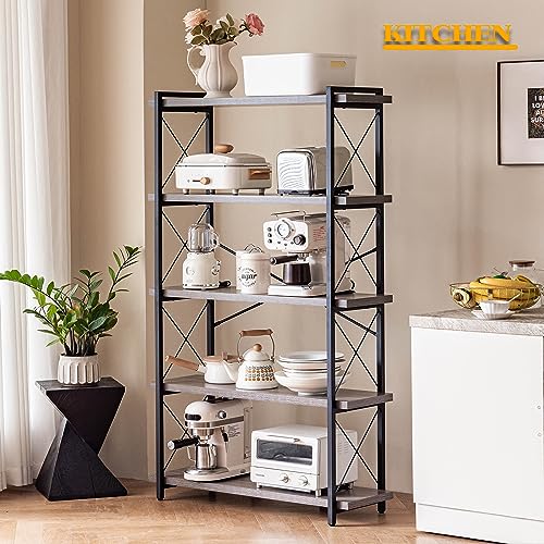 HCHQHS Bookshelf, 5-Tier Industrial Bookcase, Rustic Open Book Shelf, Freestanding Tall Bookshelves with Metal Frame - color: Grey, size: 5-Tier (35.8"W x 65.7"H)