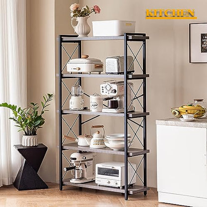 HCHQHS Bookshelf, 5-Tier Industrial Bookcase, Rustic Open Book Shelf, Freestanding Tall Bookshelves with Metal Frame - color: Grey, size: 5-Tier (35.8"W x 65.7"H)