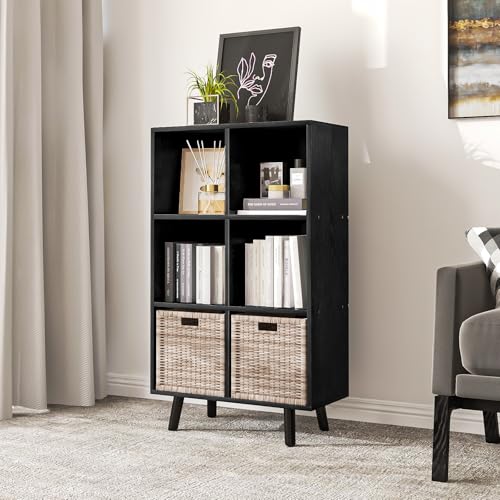 6-Cube Open Shelf Bookcase - 3-Tier Wooden Floor-Standing Bookshelf with Legs and Backpanel, Ideal for 11-inch Fabric Storage Bins and Miscellaneous Organizer, Black - color: Black, size: 6-Cube