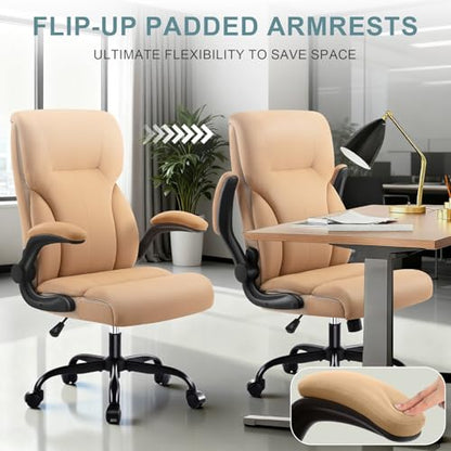 AreShark Office Chair - Executive High Back Breathable Desk Chair with Lumbar Support - Ergonomic Leather Rolling Swivel Computer Chair with Rock Function for Working Studying Gaming Relaxing - color: Khaki