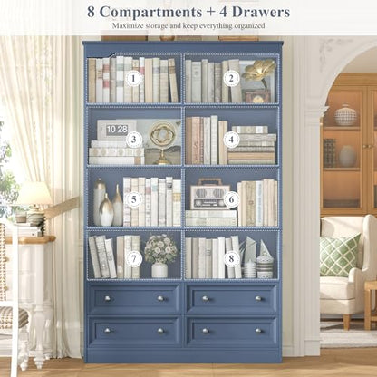 71" Tall Bookshelf with 4 Drawers Large Bookshelf Office Bookcase | 6-Tier Double Wide Bookshelves and Bookcases with Storage, Tall Bookshelf Standing Book Cabinet for Home Office, Blue - color: Blue
