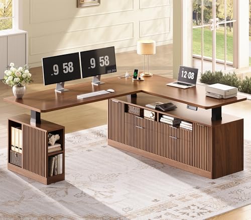 SEDETA L Shaped Electric Standing Desk, 69" x 55" Height Adjustable Office Executive Desk with 4 Drawers and Storage Shelves, Fluted Sit Stand Computer Desk with Power Outlet, Brown - color: Brown