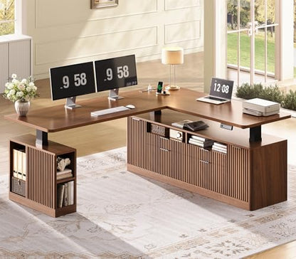 SEDETA Fluted L Shaped Executive Electric Standing Desk with 4 Drawers | 69" x 55" Height Adjustable Office Desk with Storage Shelves, Power Outlet, Sit Stand Computer Desk, Brown - color: Brown
