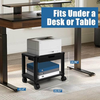 Under Desk Printer Stand with Wheels, Rolling Printer Cart with Lockable Wheels, 2-Tier Printer Table with Storage Drawer for Home&Office (Black)