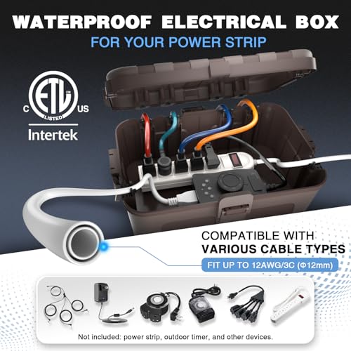 Flemoon Large Outdoor Electrical Box, Waterproof Extension Cord Cover | Inner Size 12 x 7.4 x 3.9 Inch, 6 Cable Entry Ports, IP54 Weatherproof Connection Box for Outlet, Timer, Holiday Light, Brown - color: Brown, size: Large