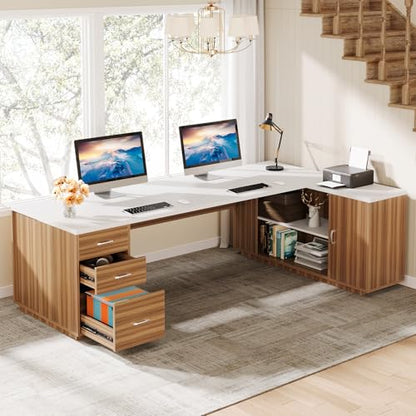 Tribesigns 85.8-Inch L-Shaped Executive Desk, Extra Large Home Office Desk - color: White & Brown