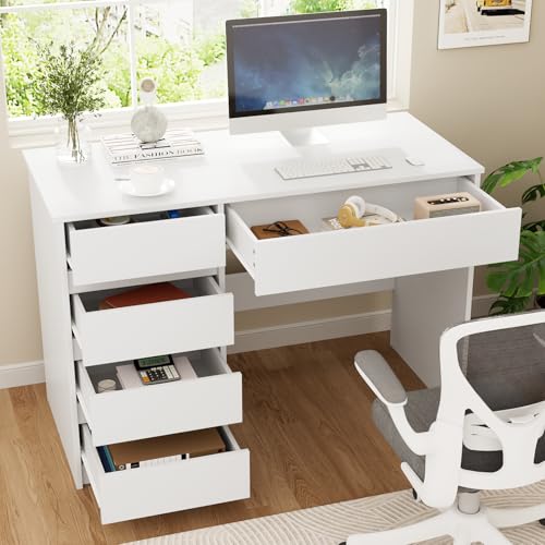 VOWNER Computer Desk with 5 Drawers, Home Office Desk with Storage, Modern Simple Laptop Desk for Working, Study (White)