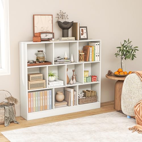 LDAILY 10 Cubes Book Shelf, 3 Shelf Bookcase Cabinet with 10 Compartments, Strong Base and Closed Back, Open Shelf Storage Organizer Bookshelf for Living Room, Bedroom, Office & Hallway (White)