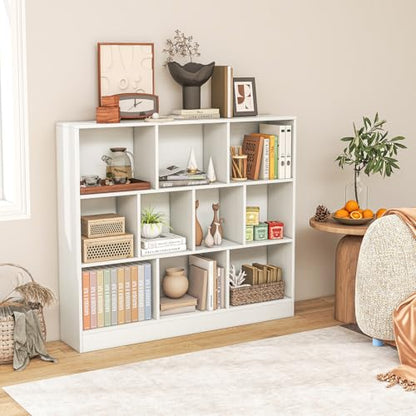 LDAILY 10 Cubes Book Shelf, 3 Shelf Bookcase Cabinet with 10 Compartments, Strong Base and Closed Back, Open Shelf Storage Organizer Bookshelf for Living Room, Bedroom, Office & Hallway (White)