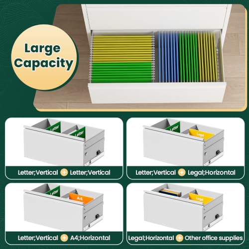 3 Drawer Lateral File Cabinet with Lock, File Cabinet for Home Office,White | Heavy-Duty Steel Locking File Cabinet, Hanging Letter/Legal/A4 Size, Full-Extension Silent Drawer, Un-Assembly - color: White, size: 3 Drawers