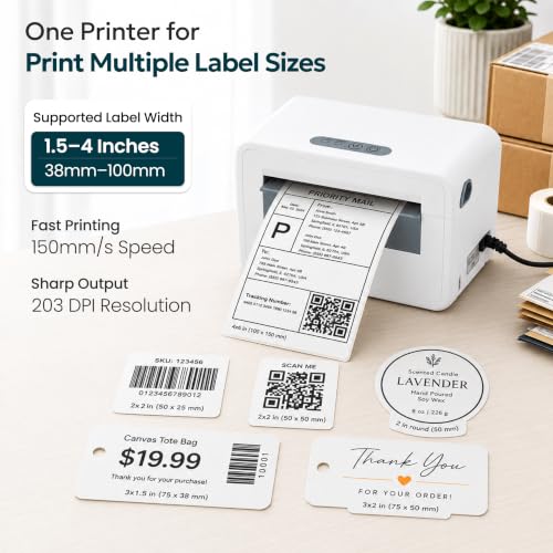 Bluetooth Shipping Label Printer, 4X6 Wireless Label Printer, USB Shipping Label Maker for Small Business, Compatible with iPhone, Android, Windows & Mac