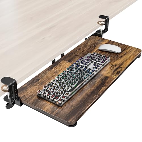 Ergonomic Keyboard Tray Under Desk, 25.6x11.8 Inch Board, Brown | Heavy Duty Keyboard Drawer, Adjustable Height C-Clamp, Slide-Out Platform, Desk Accessories for Typing, 31.5" Including Clamp - color: Rustic Vintage Brown, size: Large