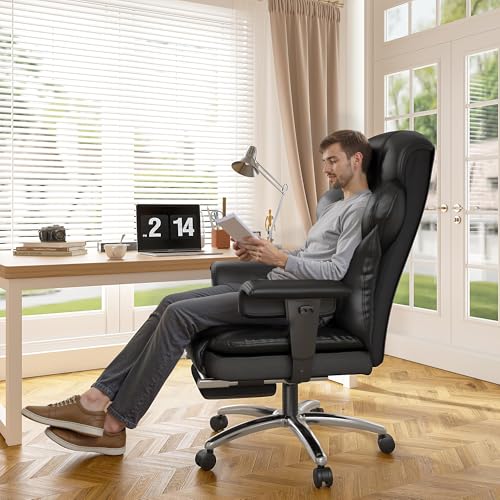 DurayLoly Big and Tall Office Chair with Footrest, 400 lbs Weight Capacity | 135° Rocking Motion, Ergonomic Lumbar Support, PU Leather for All-Day Home Office Comfort, Black - color: Black