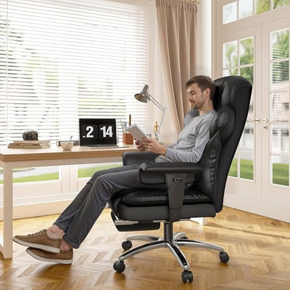 DurayLoly Big and Tall Office Chair with Footrest, 400 lbs Weight Capacity | 135° Rocking Motion, Ergonomic Lumbar Support, PU Leather for All-Day Home Office Comfort, Black - color: Black