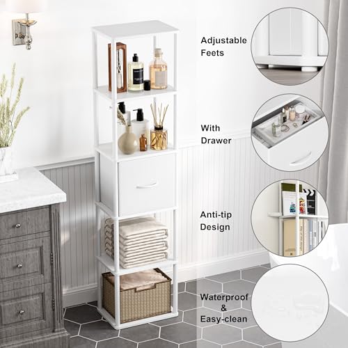 6-Tier Bookshelf Organizer, Narrow Bookcase,Tall Skinny Bookshelves, Standing Ladder Shelf with Drawer, Small Book Shelf with Storage for Living Room, Bedroom, Office, Study White HBC505W - color: White