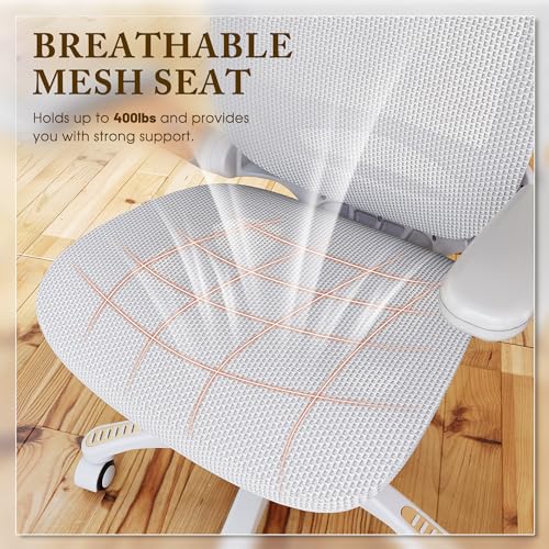 GABRYLLY Ergonomic Office Chair, High Back Home Desk Chair with Flip-Up Arms, Headrest, 90-120° Tilt and Wide Cushion, 300LBS White Mesh Chair for Work Gaming Study (GY01-NT, Woodgrain Pattern) - color: White Frame Moon Grey Mesh