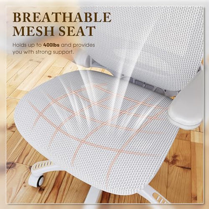 GABRYLLY Ergonomic Office Chair, High Back Home Desk Chair with Flip-Up Arms, Headrest, 90-120° Tilt and Wide Cushion, 300LBS White Mesh Chair for Work Gaming Study (GY01-NT, Woodgrain Pattern) - color: White Frame Moon Grey Mesh