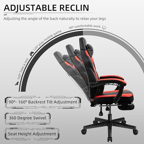 Gaming Chair with Footrest, Massage Lumbar Support, Height Adjustment, and 360° Swivel Seat. Ergonomic Design for Gaming - color: Red