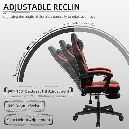 Gaming Chair with Footrest, Massage Lumbar Support, Height Adjustment, and 360° Swivel Seat. Ergonomic Design for Gaming - color: Red